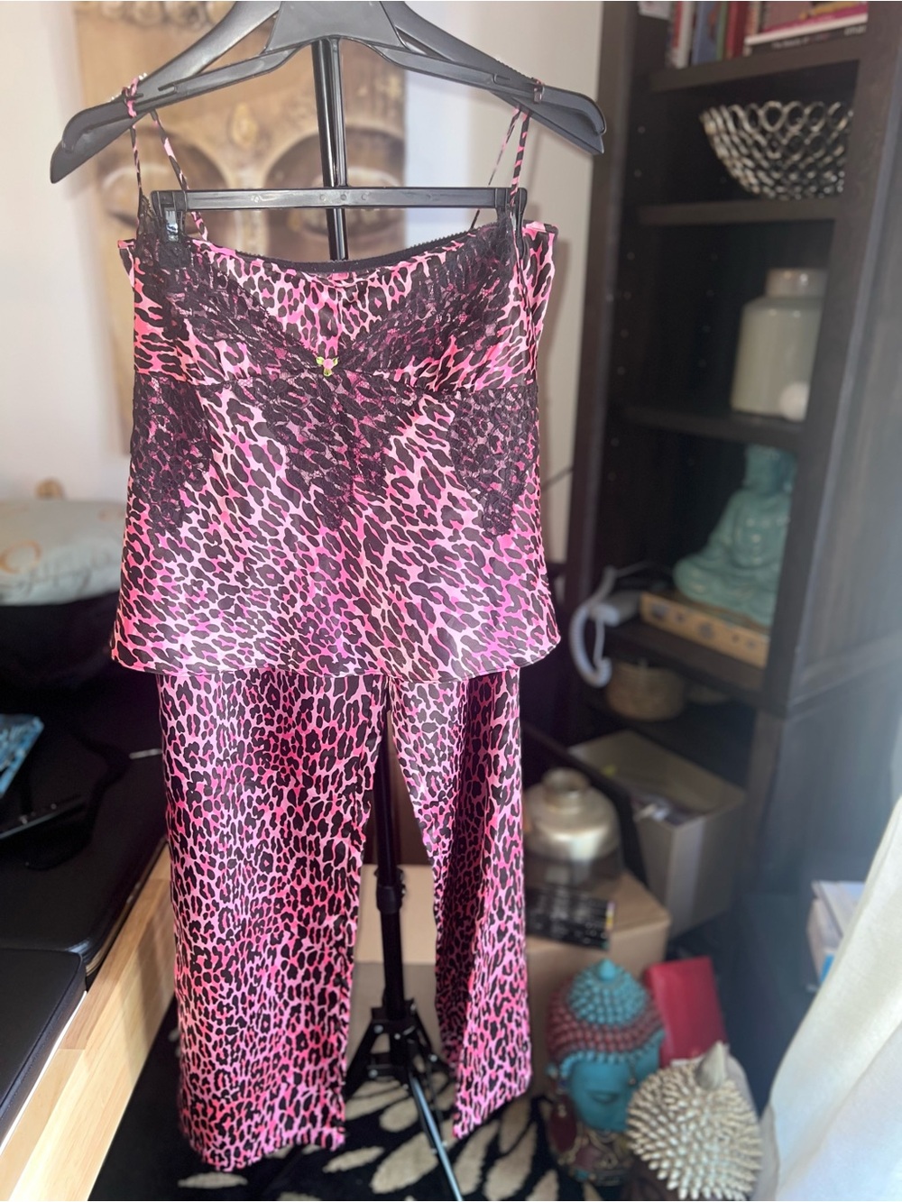Betsey Johnson Women's Pink Leopard Satin Lace Cami and Short Sleep Set